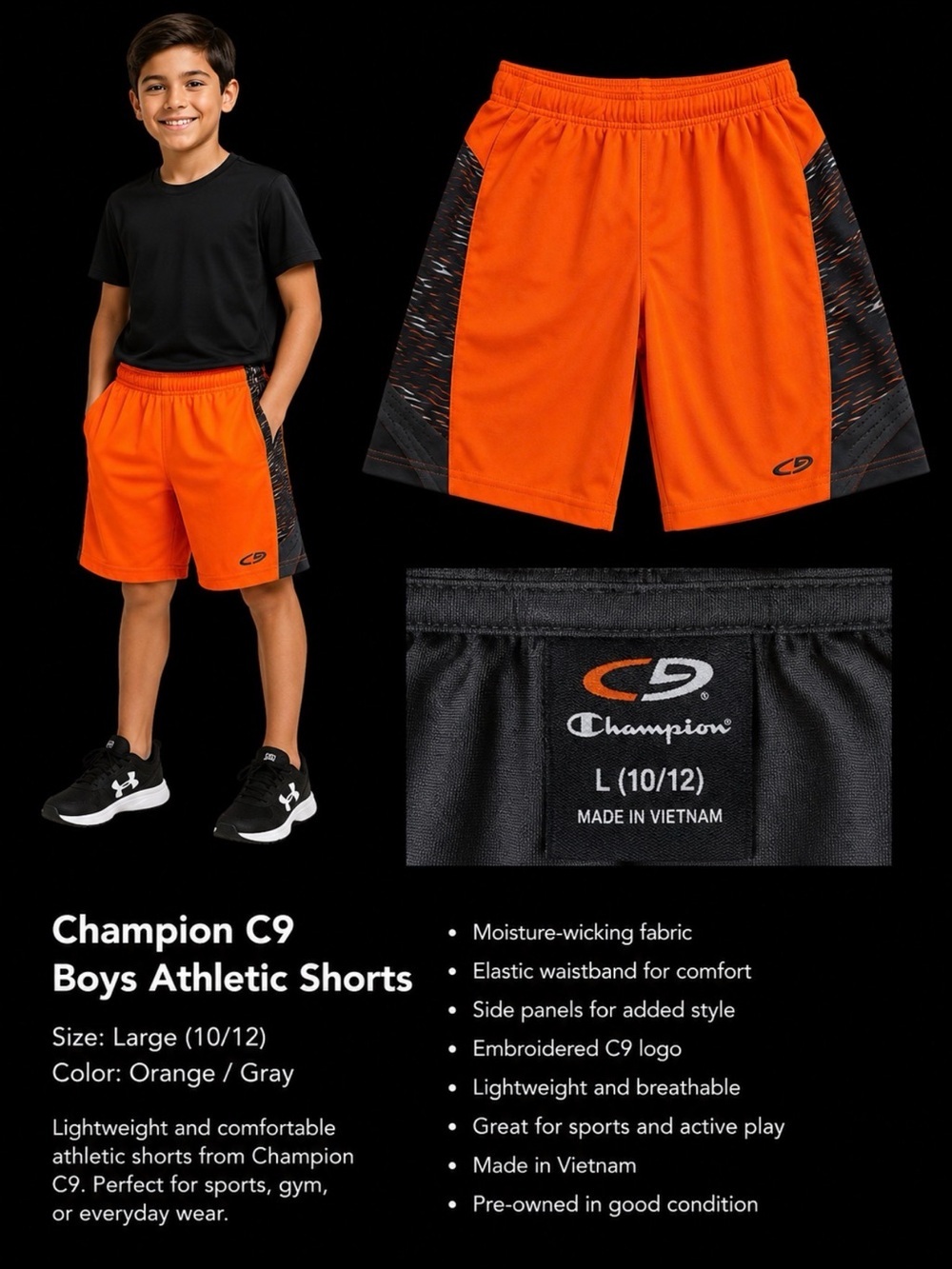 Champion Orange Athletic Shorts with Black/Gray Side Panels